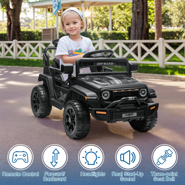 12V Powered Ride on Car Truck, Kids Electric Car W/Parent Remote Control, Spring Suspension, LED Lights- Black