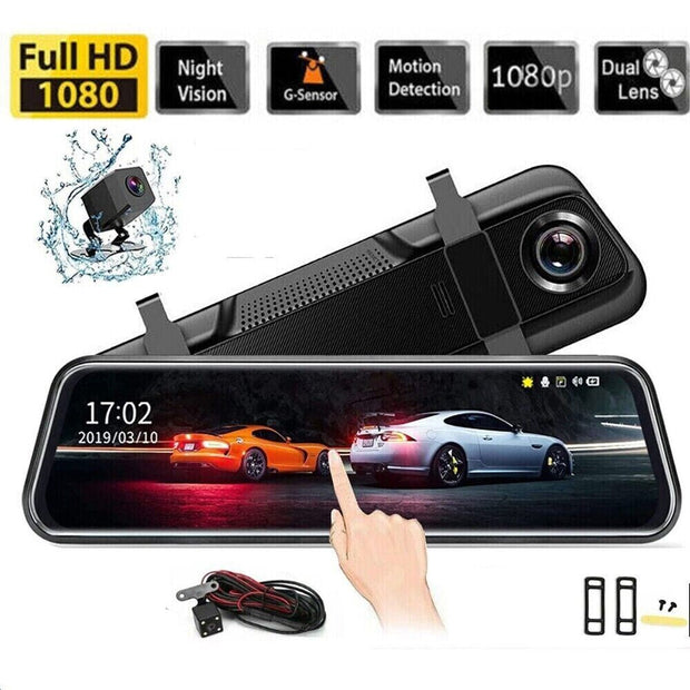 4K 10" Dual Dash Cam Car Rear Mirror View Backup Dual Camera Night Vision IPS