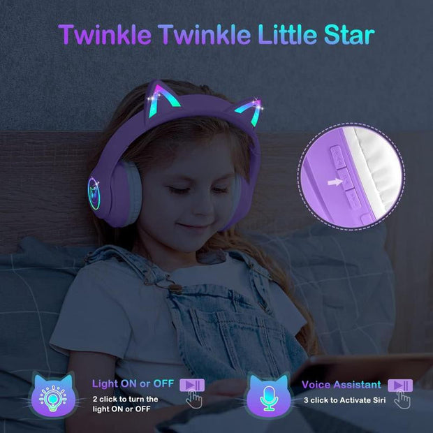 5.3 Headphones with Case - RGB LED Light up Ears Foldable Adjustable over Ear Headphone Support or 3.5Mm Wired Mode for & Girls & Boys Teens