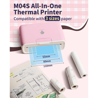 Portable M04S thermal printer in pink, showing compatibility with 3 paper sizes (53mm, 80mm, 110mm) for versatile printing needs.