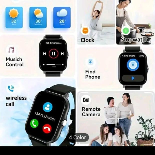 Smart Watch, 1.83Inch Full-Screen Touch, Wireless Call/Message Alerts, Multi-Sport Modes, Remote Camera Control, Fitness Tracker, Device Wearable