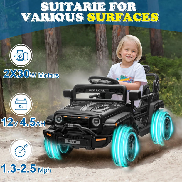 12V Powered Ride on Car Truck, Kids Electric Car W/Parent Remote Control, Spring Suspension, LED Lights- Black