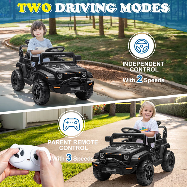 12V Powered Ride on Car Truck, Kids Electric Car W/Parent Remote Control, Spring Suspension, LED Lights- Black