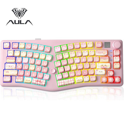 【NEW】LEOBOG*AULA Alice Keyboard, Bluetooth/2.4G Wireless/Type-C Ergonomic Pink Creamy Keyboard with RGB Functional Knob Joystick, 75% Layout Hot-Swappable Custom Keyboards for Win Mac Xbox PC Gamer