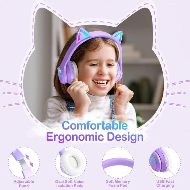 5.3 Headphones with Case - RGB LED Light up Ears Foldable Adjustable over Ear Headphone Support or 3.5Mm Wired Mode for & Girls & Boys Teens