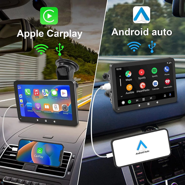 2023 Newest  Portable Car Radio with Apple Carplay and Android Auto, Wireless Car Stereo 7" IPS Touchscreen with Bluetooth Hands-Free/Mirror Link/Siri Assistant, Windshield Mounted