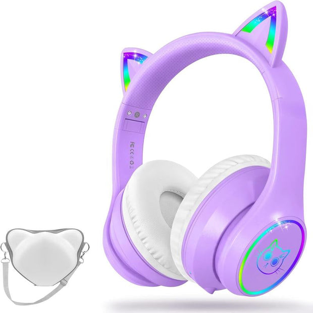 5.3 Headphones with Case - RGB LED Light up Ears Foldable Adjustable over Ear Headphone Support or 3.5Mm Wired Mode for & Girls & Boys Teens